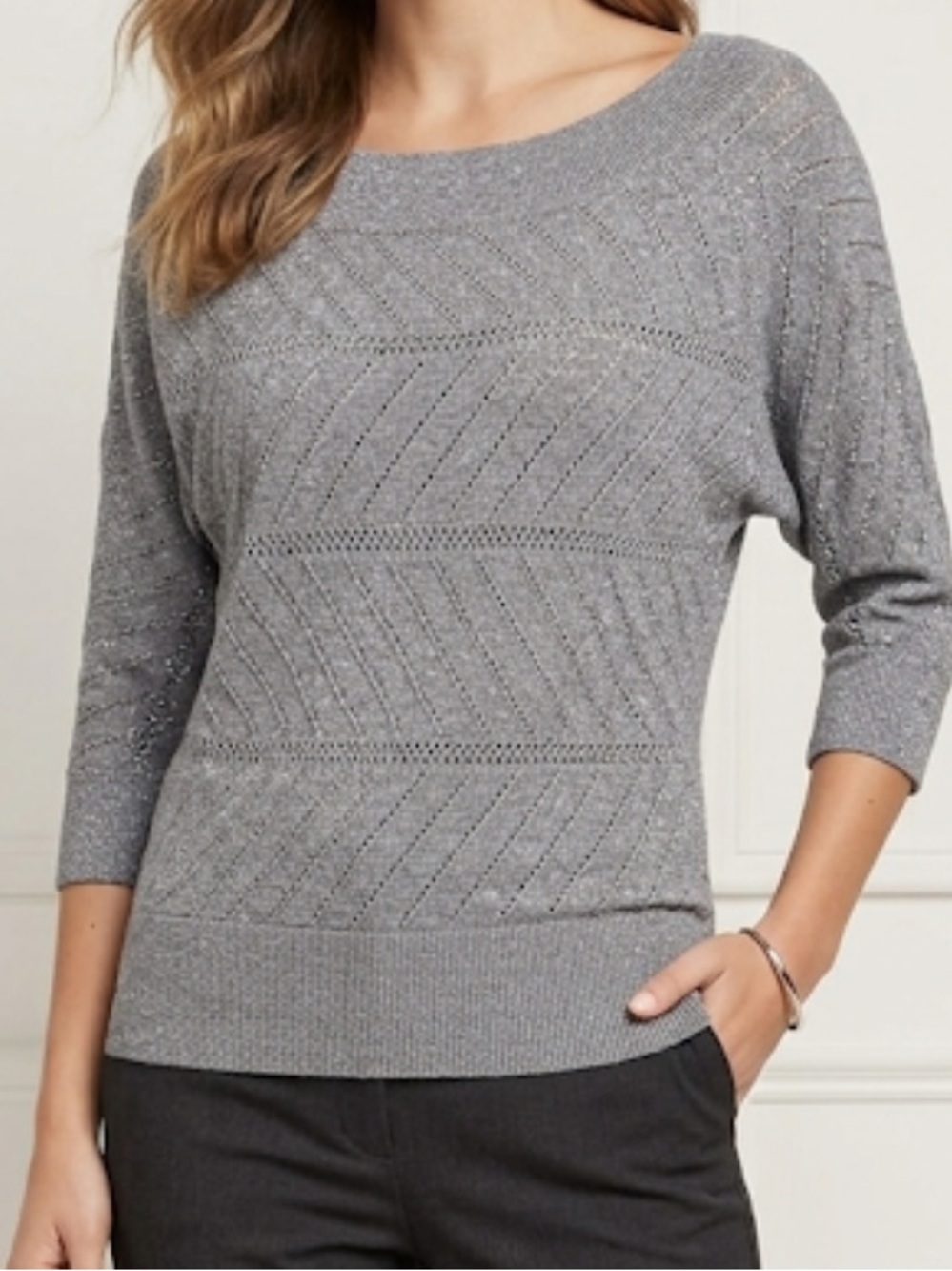 White House Black Market Gray Sparkle Knit Dolman Sleeve Sweater Small